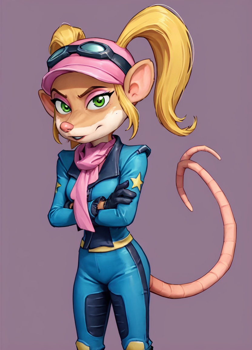 <lora:PasadenaPony1.0:1> pasadena o'possum, 1girl, twintails, racing suit, pink headwear, pink scarf, goggles on headwear, solo,boots,  blonde hair, animal ears, gloves, standing, green eyes, furry female, tail, score_9, score_8_up, score_7_up, score_6_up, score_5_up, score_4_up, looking at viewer, cowboy shot,simple background, crossed arms,