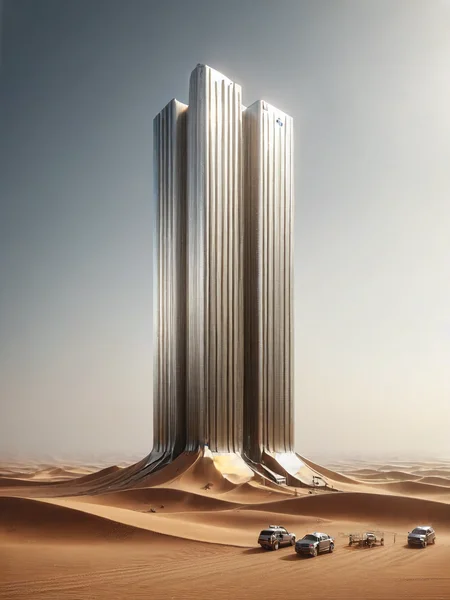 An ais-steelz skyscraper built in the middle of the Saudi desert <lora:Brushed_Steel_Style_SDXL:1>