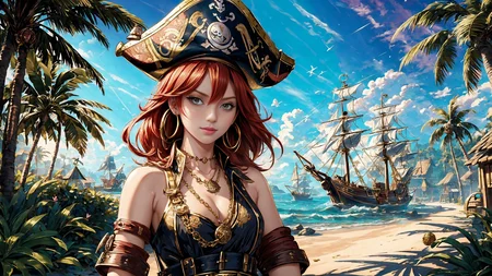 (young redhead pirate woman), (portrait), (parrot:1.2), sharp focus, (ultradetailed), (standing), (happy) smile, pirate (ship galleon:1.2,  hoop earrings, gold medallion, Tennis Court Bluepirate clothes, pirate hat, hips,   pirate (village), leafy beach coast, (treasure chest with coins, gems and jewels:1.2), (rum barrel), best quality masterpiece,  bright sunny sky, backlight, natural lights, high contrast, hdr, shadows, pretty, beautiful, feminine, sexy, adorable, lovely, in love, (PirateDiffusionprt:0.5),  <lora:Pirate:0.3>  PrateT  <lora:PirateRealms:0.3> <lora:Detail Tweaker LoRA add_detail:0.8> <lora:depth_of_field_slider_v1:5> <lora:SDXLrender_v2.0:0.9>