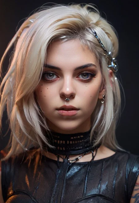 Nude girl, woman,  (high quality:1.2), , ame detailed skin, dark studio, rim lighting, dimly lit, low key, cold_light, (futuristic black Clothes:1.3),  black_background, perfect lips, from_above, pov, (realistic_blonde_hair:1.2), messy_hair, bobcut, forehead , palaroid,moles on body,  standing straight, nose piercing, heart necklace, close mouth, (small breasts),(looking straight to camera)(anchespaceroom:1.0)super-detailed intricate, taken by David LaChapelle, ligtning, bioluminescent, reflecting,(epiCPhotoGasm-colorfulPhoto:1.0), Porta 160 color, shot on ARRI ALEXA 65, bokeh, sharp focus on subject, shot by Don McCullin, nsfw, (natural skin texture, hyperrealism, soft light, sharp), (perfect round eyes:1.3), Capture the essence of her beauty, Enrich the composition with soft, diffused natural light that accentuates the textures and colors, creating a timeless and culturally rich image, EyeDetail-SDXL, fFaceDetail-SDXL