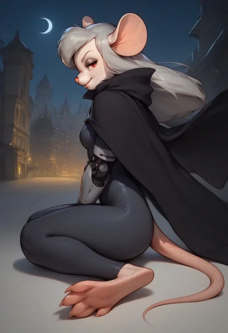 score_9, score_8_up, score_7_up, score_6_up, score_5_up, score_4_up, city, night, moon, moon light widget_h0Ickwrench, black diving suit, mouse girl, anthro mouse, black cloak, light grey hair, long hair, red eyes, white fur, seductive look, bedroom eyes, looking at viewer, 3/4 side view, full body view, mouse feet, bare foot, sitting on ground, sexy pose, robotic arm