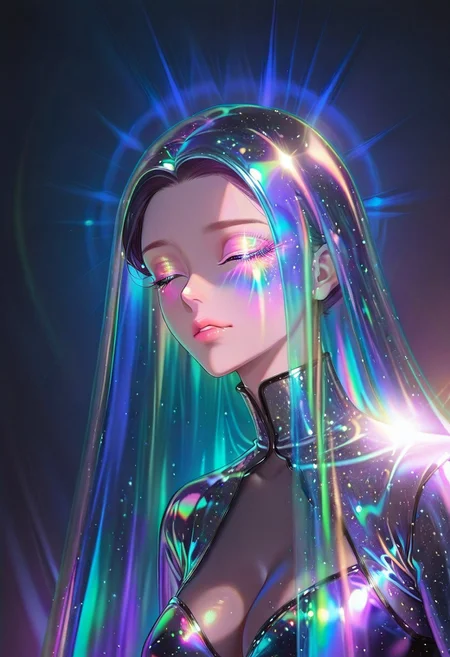 1girl, solo, portrait, holographic iridescent veil that flows around the figure, iridescent highlights, glowing details:, light makeup, glitter over the face, dark detailed clothing, form-fitting clothing, dramatic lighting, iridescent light illuminating the figure, vivid colors, emotional atmosphere, close up, textural_art, AR71B, fluorescent, AR71A, iridescent aesthetic