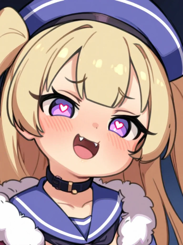 masterpiece, best quality, <lora:style578-a31-000020:1>,1girl, solo, blonde hair, purple eyes, sailor collar, looking at viewer, long hair, smile, open mouth, bangs, symbol-shaped pupils, :d, meme, hat, collar, two side up, heart-shaped pupils, choker, portrait, heart, fang, fur trim, parody