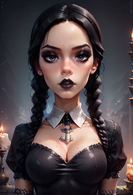 score_9, score_8_up, score_8, score_7_up, score_7, rate_safe,
(best quality:1.1), (masterpiece:1.2), (realistic:1.2), (detailed:1.1), (highres, best quality:1.2),
1girl, Wednesday (Wednesday addams(/The addams family)/,(ultra HD quality details), hair in two ponytails, black hair, raven black eyes, beautiful face, pale skin,
beautiful face,
gothic, black lips, emo, black nails,
collared dress, black dress, covered shoulders, covered chest, covered neck, puffy sleeves, white collar, white cuffs, modest clothes,
Slim girl, large breasts, skinny, tiny, petite, small arms, (20 years old)),
background (dungeon), Dark atmosphere,
upper body, pov