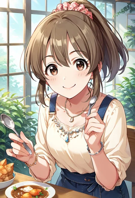 score_9, score_8_up, score_7_up, source_anime,hori yuuko, brown hair, ponytail, brown eyes, 1girl, solo, spoon, jewelry, smile, scrunchie, hair ornament, looking at viewer, hair scrunchie, necklace, bracelet
