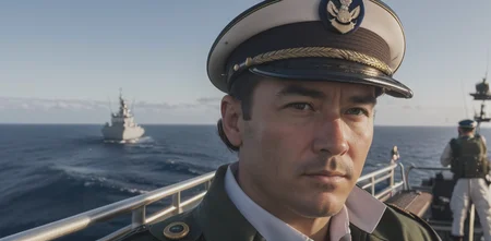 (War Photography:1.3), PhilipCipher portrait, solo, half shot, looking up, detailed background, detailed face, (imperial chinese theme:1.1), ship captain, serious, dark green sailor uniform, bicorn hat, navy flag, dynamic movement, on deck of ship, sails, rail, nautical instruments, vast open sea on the horizon, dusk, strategy, cinematic atmosphere, (close portrait:1.3),(Masculine:1.4),(beautiful:1.4),(attractive:1.3),handsome,calendar pose,perfectly detailed eyes,studio lighting,thematic background, (masterpiece, best quality, high quality, highres, ultra-detailed) OverallDetail, (Establishing shot, Ground Level Shot:1.3), (shot by Nikon camera, Shot on 28mm film:1.3), (Soft focus, 15mm lens:1.3),(*Vintage colors, Khaki, navy blue, and white colors:1), photorealistic, photojournalism