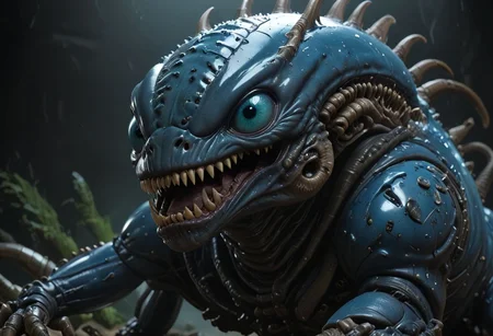 wideshot, xenomorph chonkasaurus, scifi, slimey, raytracing, HD, 4k, floating energy, night, dark, blue eyes, (energy effects:1.3), <lora:chonkasaurus-000003:1>, <lora:add-detail-xl:2>