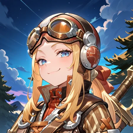 masterpiece, very aesthetic, absurdres, best quality, amazing quality, high resolution, newest, very awa, <lora:illustrious_quality_modifiers_masterpieces_v1:0.8> , <lora:ChamIllustriousBackgroundEnhancer:0.5>, solo, <lora:InzaghiIL:1> , InzDef, mature, 1boy, blonde hair, sidelocks, long hair, blue eyes, goggles, goggles on head, goggles on headwear, helmet, armor, popped collar, layered shirt, cross-laced top, bodysuit under clothes, striped sleeves, exterior, night, clouds, looking at viewer, smug, smile, weapon on back, ((portrait)), close-up,