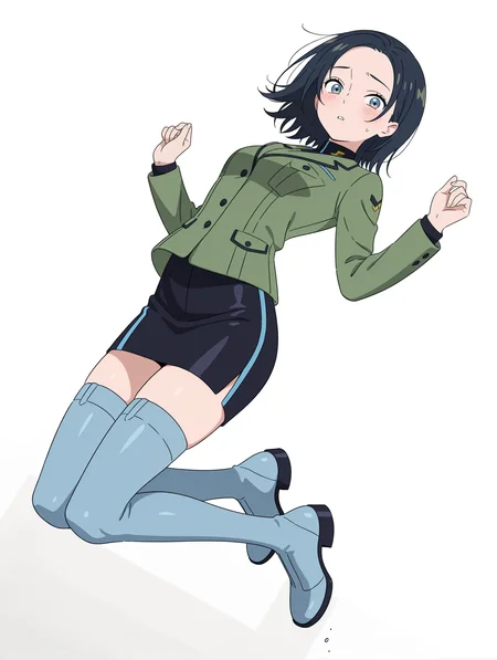 masterpiece,best quality,newest,1girl,solo,
<lora:comoli_harcourt_ilxl_v1,1:1>,comoli,c_clothes,green jacket,black pencil skirt,zettai ryouiki,blue thighhighs,blue footwear,boots,
<lora:Fixhands_anime_bdsqlsz_V1:1>,light_blush,cinematic_angle,looking_at_viewer,jumping,full body,parted lips,sweatdrop,white_background,simple_background,dynamic_angle,panicking,