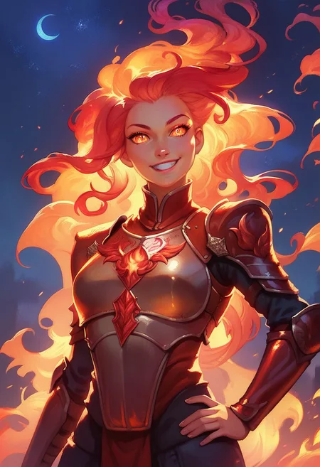score_9, score_8_up, score_8, detailed eyes,
Fiery_Hair, 1girl, hand on hip, contrapposto, long hair, very long hair, red fire, upper body, smile, breastplate, pauldrons, head tilt, night sky,