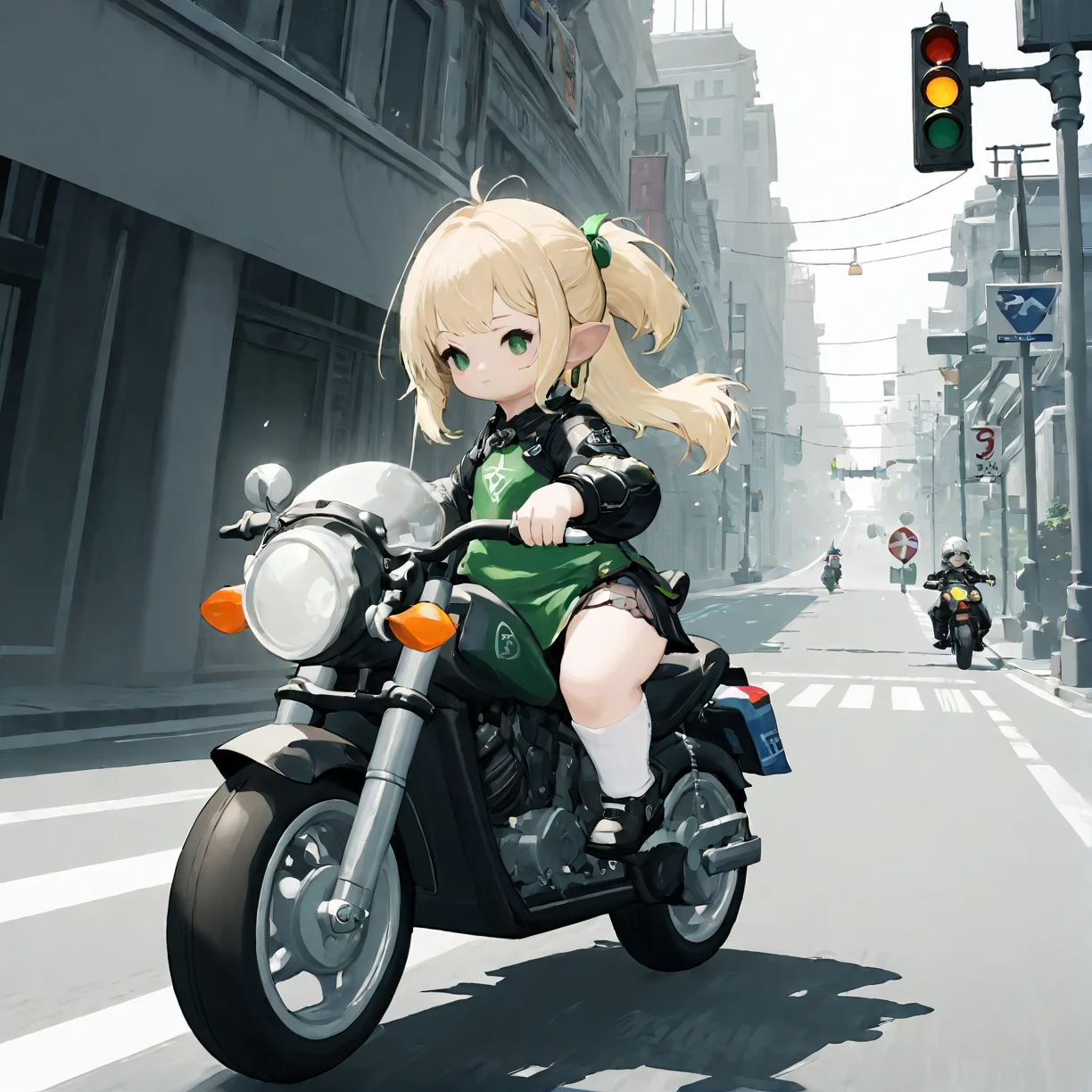 lalafell, 1girl, solo,
blonde hair, green eyes, hair ornament, side ponytail,
white thighhighs, motorcycle, on motorcycle, hold handle,
<lora:SDXL_lalafell_alpha_v5(2d style):1>, wind, road, traffic light,