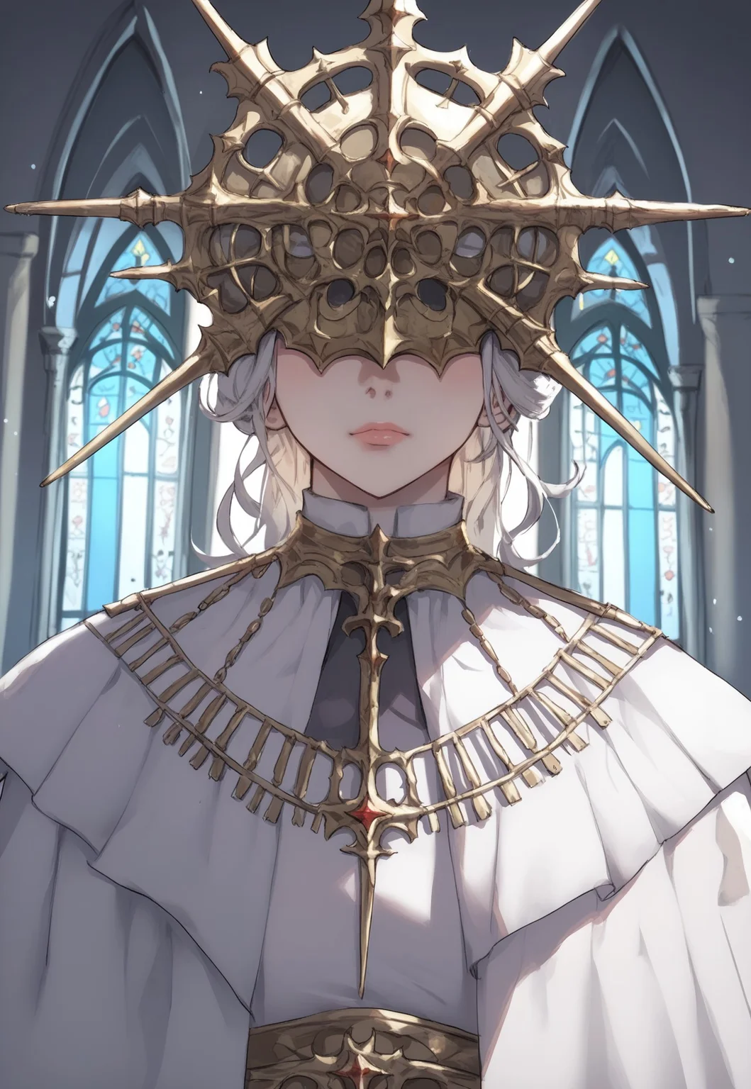 (core_9, score_8_up, score_7_up), ((masterpiece)), shaded_anime, Gwyndolin, Adult, gold mask, athletic, looking at the viewer, standing, front view, eerie atmosphere, church, night time