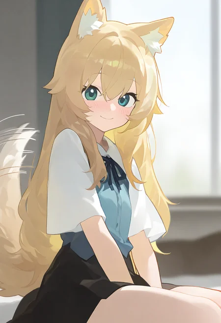 masterpiece, best quality, good quality, very awa, pnya,
1girl, tail, animal ears, tail wagging, dog tail, solo, dog ears, dog girl, looking at viewer, indoors, sitting, blurry background, smile, blue eyes, long hair, blush, skirt, blonde hair, black skirt, closed mouth, tail raised, animal ear fluff, depth of field, green eyes, hair between eyes
<lora:ai_styles_collection_noob_eps-1.1_v3.1:1>