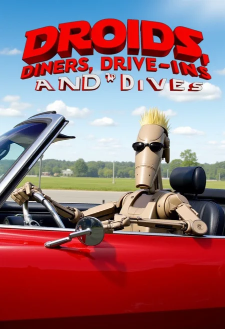 "A battle droid driving a red 1968 Chevy Camaro SS convertible, looking directly at the viewer with spiky bleached-blonde hair like Guy Fieri’s, and wearing dark sunglasses. The title 'Droids, Diners, Drive-Ins and Dives' is displayed prominently in bold, 3D red letters.