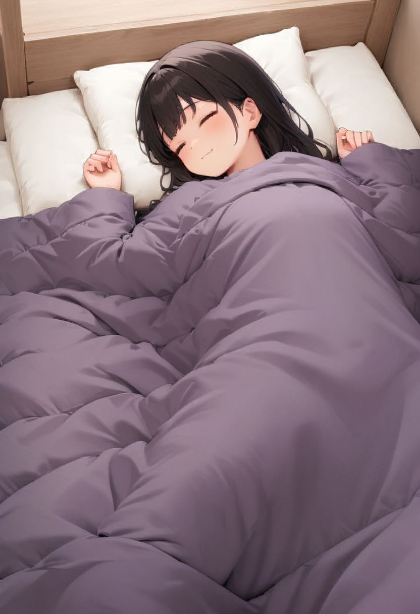 1girl, black hair, long hair, happy, light smile, 
futon, pillow, closed eyes, bed, sleeping, lying, under covers, blanket, 
masterpiece, best quality, ultra-detailed, illustration,
<lora:kakebuton_SDXL_V1:0.8>