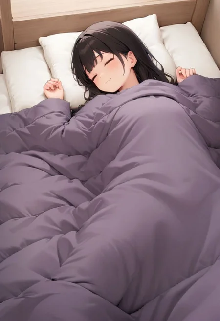 1girl, black hair, long hair, happy, light smile,
futon, pillow, closed eyes, bed, sleeping, lying, under covers, blanket,
masterpiece, best quality, ultra-detailed, illustration,
<lora:kakebuton_SDXL_V1:0.8>
