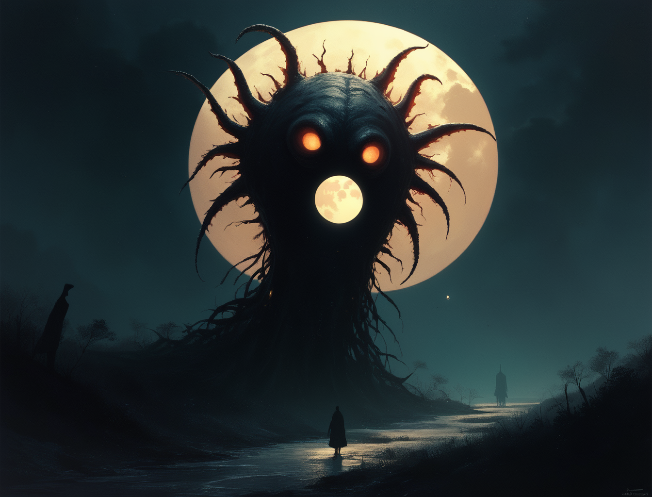 score_9, score_8_up, score_7_up, score_6_up, score_5_up, score_4_up, monster creature silhouette, moon light, backlight, overcast  <lora:ponys-dream:.9>