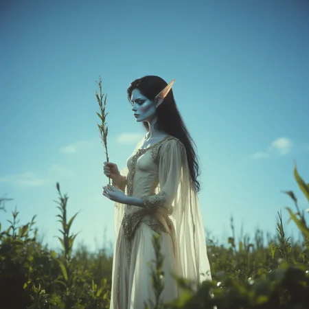 ArsMovieStill, 80s Fantasy Movie Still, The image shows a woman in a white dress standing in a field holding a plant in her hand. She has a human face and is surrounded by plants and a clear blue sky., 1girl, solo, pointy ears, long hair, closed eyes, elf, colored skin, black hair, blue skin, realistic