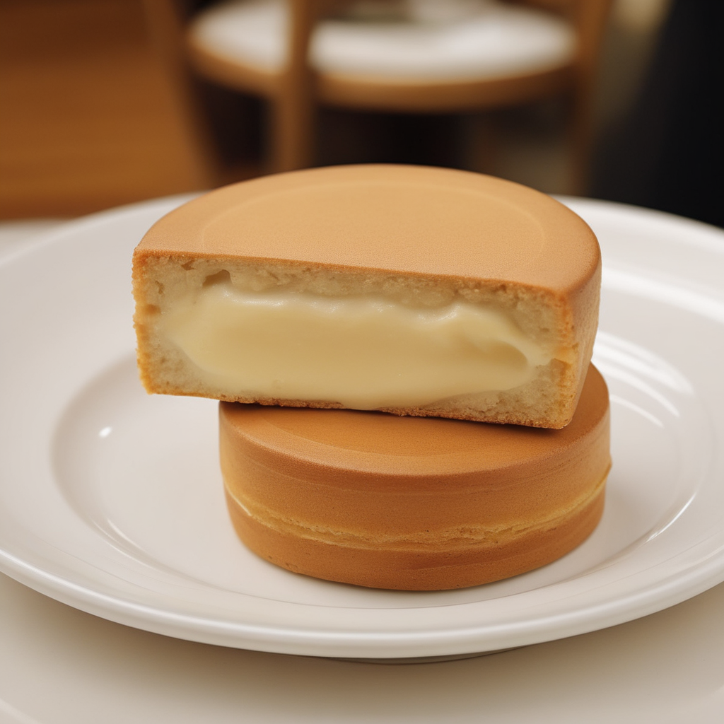A photorealistic image of a 'ufocake' placed on a plate in a luxurious coffee shop setting. The cake should be freshly cut, revealing a rich, gooey creamy center that has a gelatinous consistency. The ambiance of the coffee shop should exude elegance, with soft lighting, plush seating, and sophisticated decor. The plate holding the 'ufocake' should be finely crafted, complementing the lavishness of the dessert. The cross-section of the cake should be prominently displayed, showcasing the thick and sticky texture of the filling,<lora:ufocake:0.65>,((ufocake open))