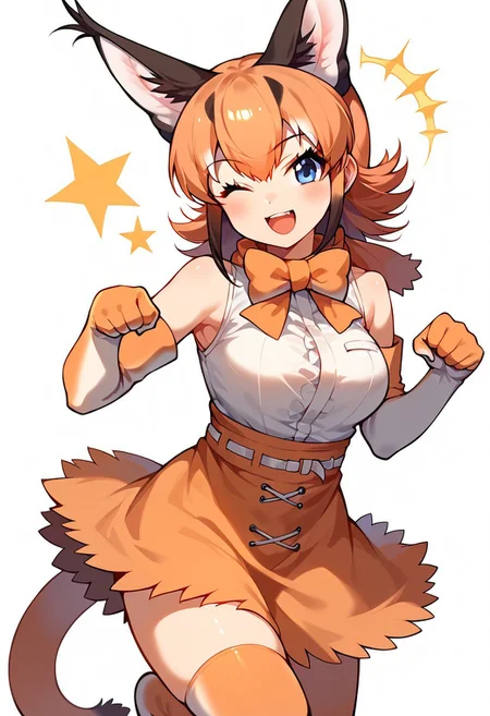 1girl, ((solo)), best quality, ultra-detailed, extremely detailed, perfect anatomy, masterpiece, score_9, score_8_up, score_7_up, caracal (kemono friends), animal ears, animal ear fluff, orange hair, tail, blue eyes, long hair, multicolored hair, white shirt, sleeveless shirt, orange skirt, skirt, orange bowtie, elbow gloves, bare shoulders, thighhighs, standing, open mouth smile, cute look, confident look, looking at viewer, happy, posing, closeup, portrait shot, standing on one leg, one foot raised, paw pose, cute pose, winking, simple background,