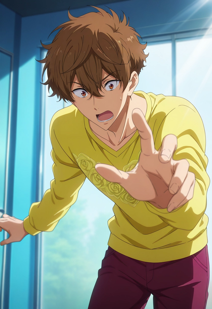 masterpiece, best quality, intricate details, anime screencap, anime coloring, official style, , 1boy, solo, male focus, <lora:natsuya_kirishima_ilxl:0.96>, natsuya_kirishima, brown hair, brown eyes, short hair, hair between eyes, bangs, hidden waterfall, mossy rocks, rainbow mist, ferns, reaching out, amazed expression, filtered sunlight, RoseGold Dress pants, Marble Velvet Quarter-zip pullover, , ,