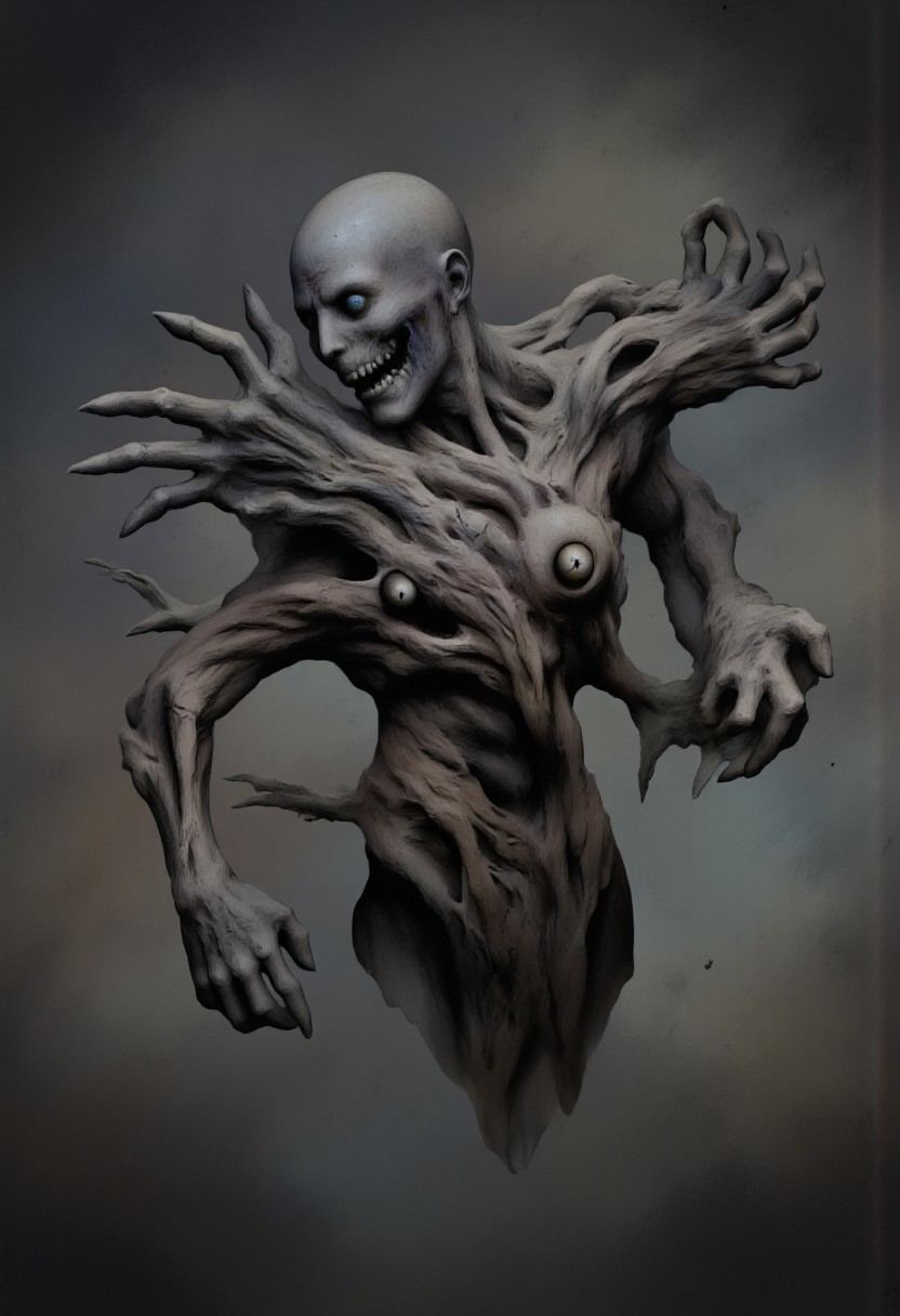 aidmaMJ6.1, Made out of paper, a PaperStyle , d4artstyle, d4concept, , d00mstyle, made of clay, ZBClay model of a gray sculpture
A nightmarish entity composed of multiple disembodied hands, each twisted and mutated with grotesque features. The hands appear decayed and withered, with torn skin and exposed muscle. Some hands have additional, unnatural elements, such as bulging eyes embedded in their palms or elongated, claw-like fingers. The overall form is chaotic, as the hands reach out in different directions, as if animated by a sinister will. Each hand seems to possess its own malevolent awareness, with the embedded eyes scanning the surroundings in an unnerving manner. The creature exudes an aura of horror and surrealism, embodying a blend of grotesque disfigurement and unnatural animation.
Background solid color with a faded dimly lit, fog-covered darkness tone that emphasizes its silhouette. 
 The medium is not a traditional painting or illustrative medium like watercolor or ink but rather a digital rendering, eerie and unsettling.