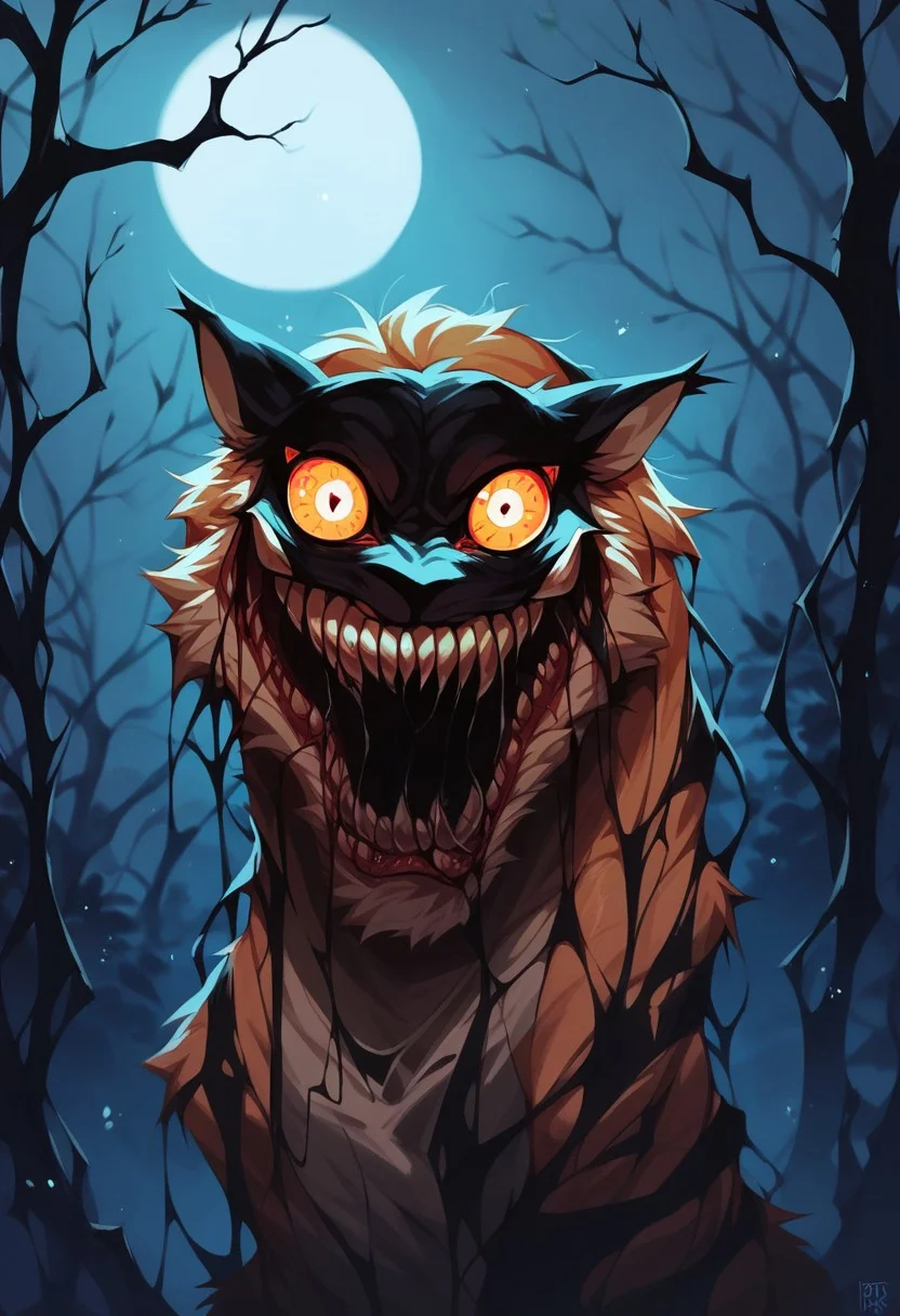 score_9, score_8_up, score_7_up, score_6_up, score_5_up, <lora:dreamtigerXLP:1> dream tiger, no humans, solo, teeth, plant, night, horror \(theme\),
