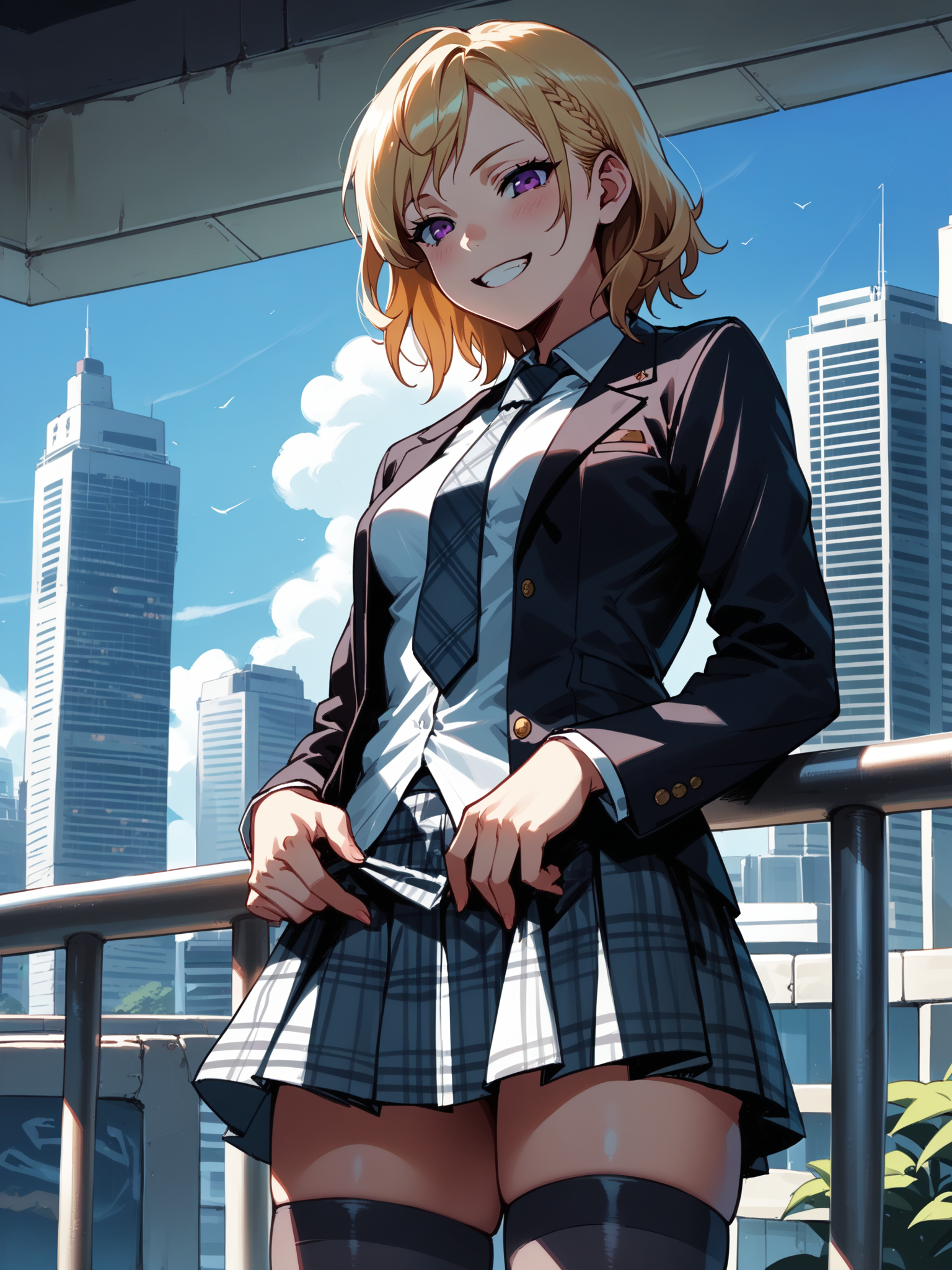 (cowboy shot, solo focus:1.2) <lora:happy_tentacle-lovebeat-v0.2-000036:1>, ht_lovebeat, (blonde hair, purple eyes:0.7), pleated skirt, plaid skirt, plaid necktie, thighhighs, () ( :1.1) ( , , ( :1.2) , seductive smile , (looking down:1.2) :1.2) , outdoors, vegetation, (overgrown :1.1), , (day :0.6), , (:0.5), people , (science fiction :0.9), balcony, skyline, ( :0.8) score_9, score_8_up, score_7_up, score_6_up, score_5_up, score_4_up, ( [(realistic, photorealistic:1.3):(realistic:1.2):14] [(3d:1.2)::12] :1) <lora:LUUNA's Lunas-NijiJourney-SDXL-B2:0.35>, nijijourney <lora:prgfrg23's Counterfeit-V3.0 Style SDXL_LoRA_Pony Diffusion V6 XL:0.5> <lora:mfcg's mfcgXL:0.12> <lora:reweik's gyokai(himehajime)_PonyXL_style_v01:0.14>