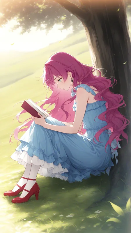 masterpiece, best quality, amazing quality, Smooth Quality, penelope eckhart, 1girl, small breasts, pink hair, green eyes, bangs, wavy hair, long hair, sketch, from side, full body, sitting, looking down, profile, frilled dress, blue dress, floating hair, reading, reading book, tree, blurry background, grass field, on ground, red high heels, earrings, under tree, sleeveless, <lora:penelope_eckhart-illustrious-v-1:0.7>, <lora:NOOB_vp1_detailer_by_volnovik_v1:0.5>, <lora:Add_Details_v1.2:2>