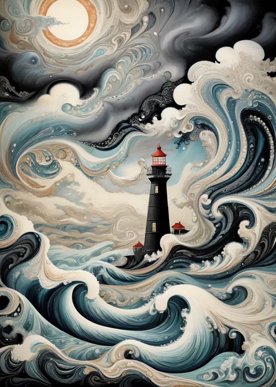 (Surrealism:0.5) xlmrblng36-500, mature South Korean (wizard) riding a Dutch rabbit in a white-tinted rocky island, lighthouse, huge stormy waves, black filigree inlay