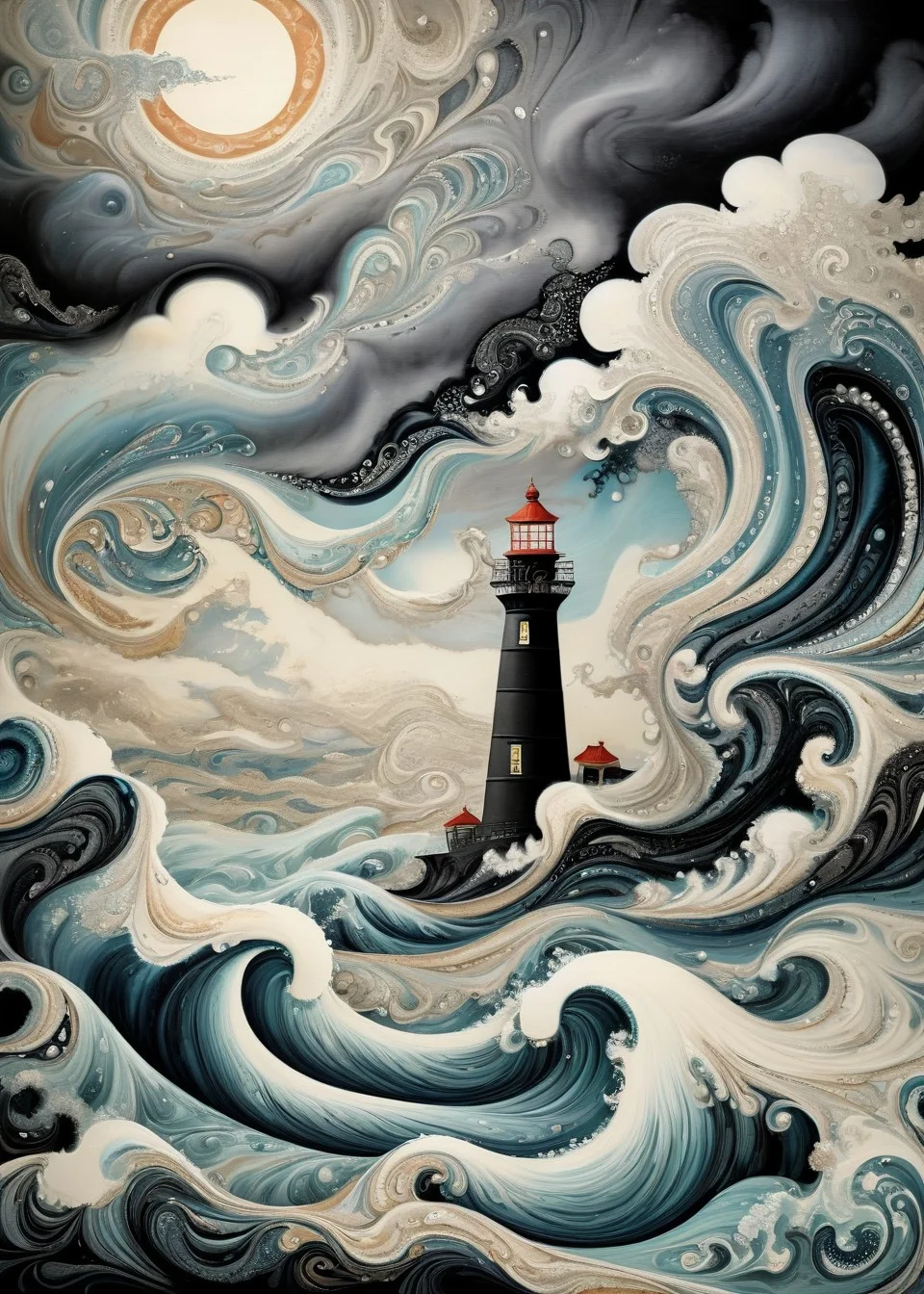 (Surrealism:0.5) xlmrblng36-500, mature South Korean (wizard) riding a Dutch rabbit in a white-tinted rocky island, lighthouse, huge stormy waves, black filigree inlay