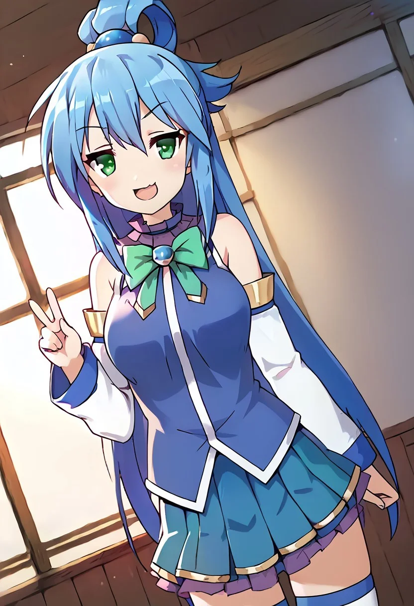 score_9, score_8_up, score_7_up,source_anime, masterpiece, ultra detailed, highres, 4k, best quality, BREAK, <lora:konata:0.7> aqua /(konosuba/), long hair, hair ornament, very long hair, hair rings, single hair ring, blue skirt, blue shirt, thighhighs, bare shoulders, detached sleeves, white thighhighs, green bow,blue boots, smile, dark blue hair, medium breasts, round breasts, D-cup breast size, adult, mature, aged up, cute, cute face, outstanding, countershading, detailed soft lighting, backlighting, green eyes, looking at viewer, ultra detailed eyes, dutch angle, cowboy shot, mouth open, smug smile, smug expression