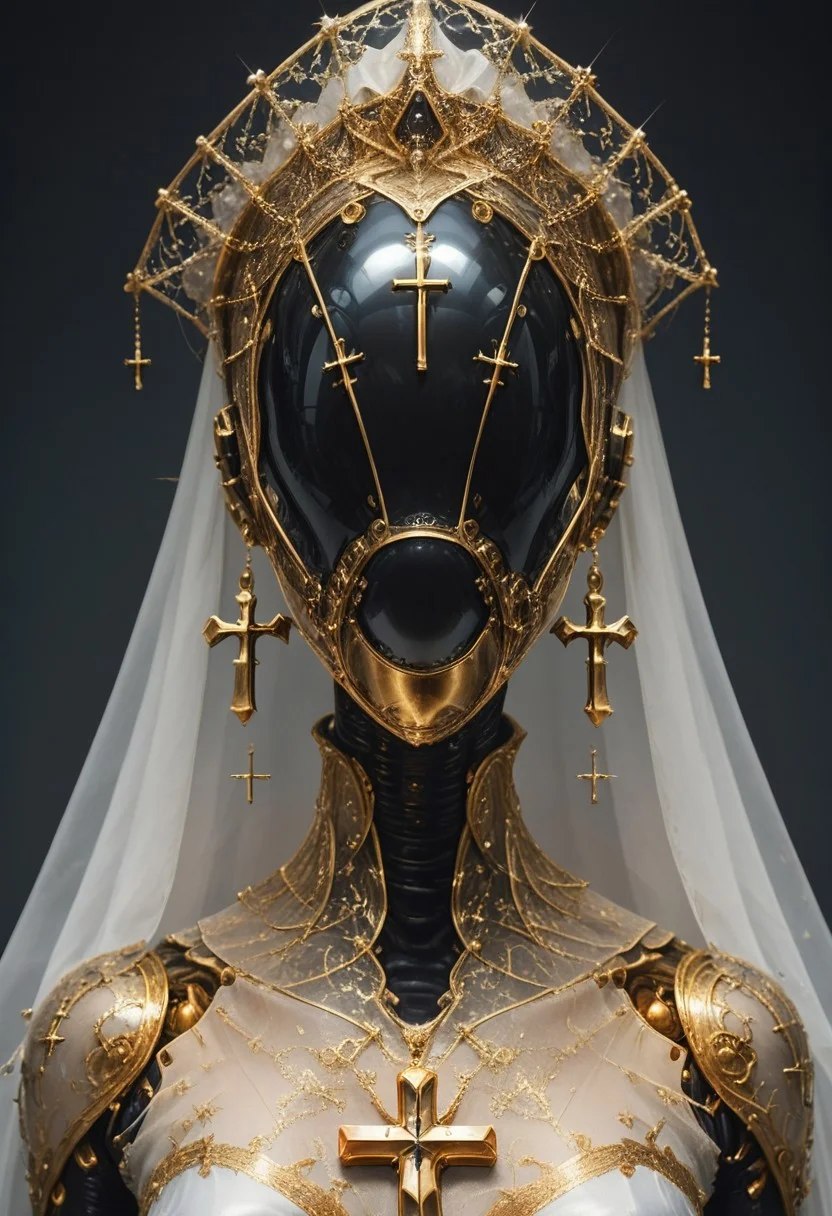 score_9, score_8_up, score_7_up, rating_safe, concept art, semi-realistic, 1girl, solo.
Young beautiful face, fit body,
(tiny breast),
FaceLessMask, Faceless, Eyeless, Mask.
Robot mask, Chrome mask. (tight golden chocker:1.1), (crown, veil:1.1), (cross on helm:1.8), (1/2 frame portrait:1.6)