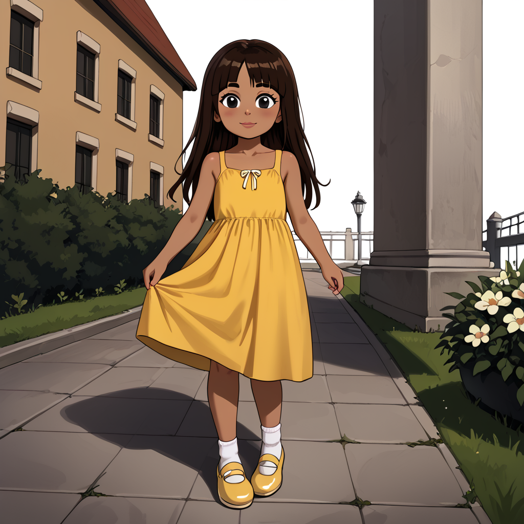 outside,   <lora:Emmie Molly:1> emmie, 1girl, female child, solo, brown hair, dark-skinned female, black eyes, long hair, dress, yellow dress, shoes, socks, full body