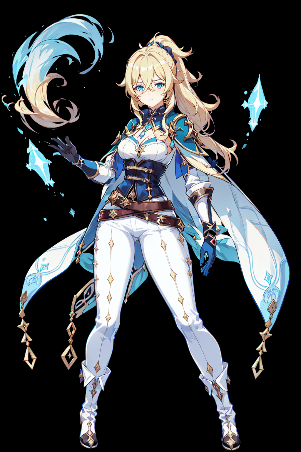 Genshin Impact Style,  1girl,  solo,  long hair,  looking at viewer,  blue eyes,  blonde hair,  simple background,  gloves,  cleavage,  hair between eyes,  medium breasts,  closed mouth,  standing,  full body,  ponytail,  sidelocks,  boots,  belt,  pants,  capelet,  black background,  gauntlets,  white pants,  blue capelet, <lora:EMS-43350-EMS:1.000000>