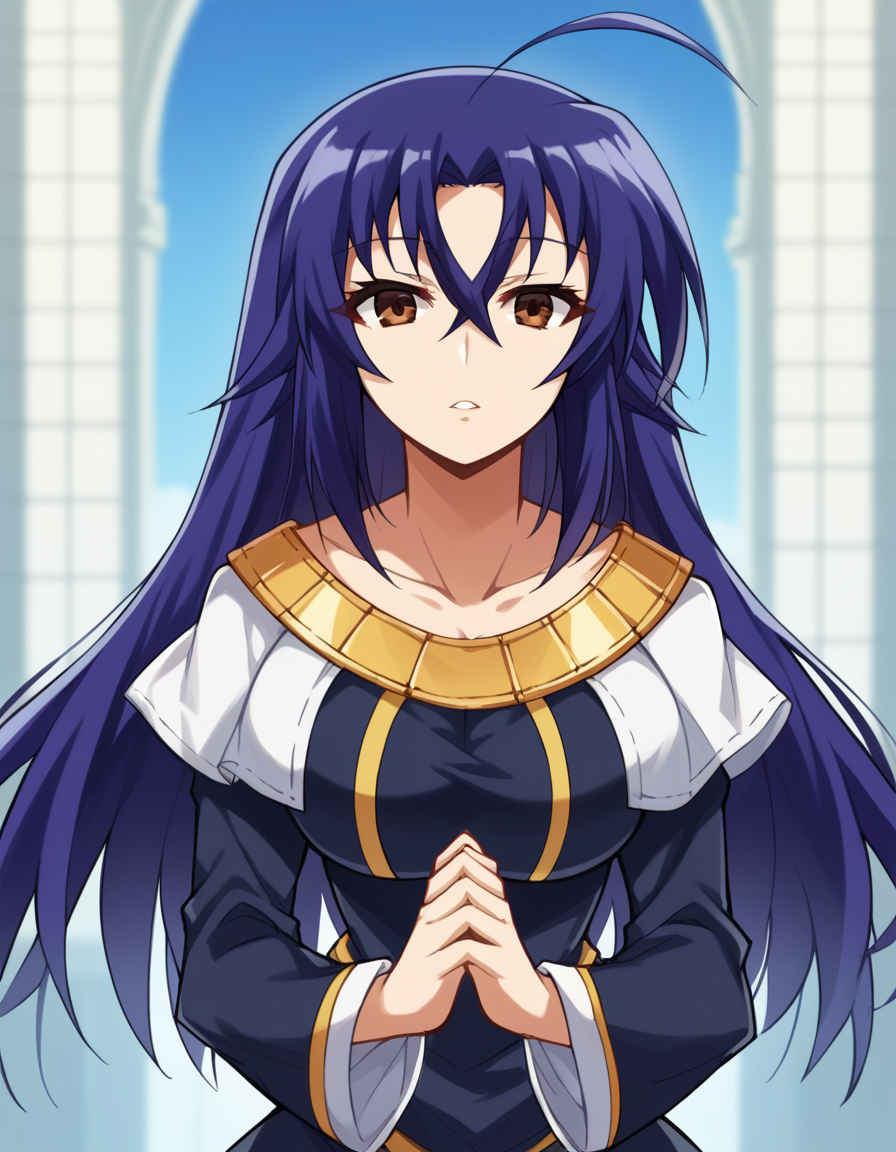 score_9, score_8_up, score_7_up, source_anime, <lora:medaka-kurokami-s2-ponyxl-lora-nochekaiser:1>, medaka kurokami, long hair, large breasts, blue hair, ahoge, brown eyes,, <lora:buddhist-nun-ponyxl-lora-nochekaiser:1>, buddhist nun, nun, habit, vitakra mudra, mudra, coif, gold necklace, priestess,, church, parted lips, praying,, cowboy shot, , dutch angle, cowboy shot