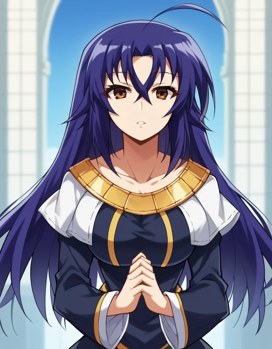 score_9, score_8_up, score_7_up, source_anime, <lora:medaka-kurokami-s2-ponyxl-lora-nochekaiser:1>, medaka kurokami, long hair, large breasts, blue hair, ahoge, brown eyes,, <lora:buddhist-nun-ponyxl-lora-nochekaiser:1>, buddhist nun, nun, habit, vitakra mudra, mudra, coif, gold necklace, priestess,, church, parted lips, praying,, cowboy shot, , dutch angle, cowboy shot