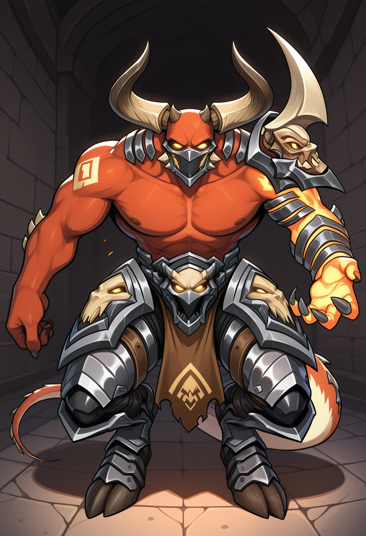 masterpiece,best quality,amazing quality, 1boy, solo, r4um, metal mask, single pauldron, loincloth, leg armor, single steel arm armor, tail, glowing eyes, colored sclera, no pupils,