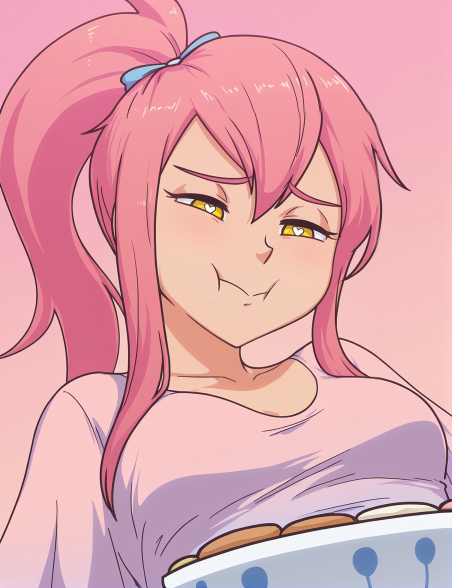 2d, official artstyle, masterpiece, detailed, best quality, BREAK, 1girl, solo, sunnyofspades, pink hair, ponytail, hair bow, yellow eyes, ((heart-shaped pupils)), crop top, breasts, dynamic angle, dynamic shot, arms down, hands on bowl, looking forward, ((portrait)), !, head tilt, chest tilt, pink background, gradient background, worried, mouth full, cheeks full, cheeks bulge, bowl with marshmallows, marshmallows in bowl, close-up, focus face, squinting eyes, <lora:sunnyofspades-000008:0.9>