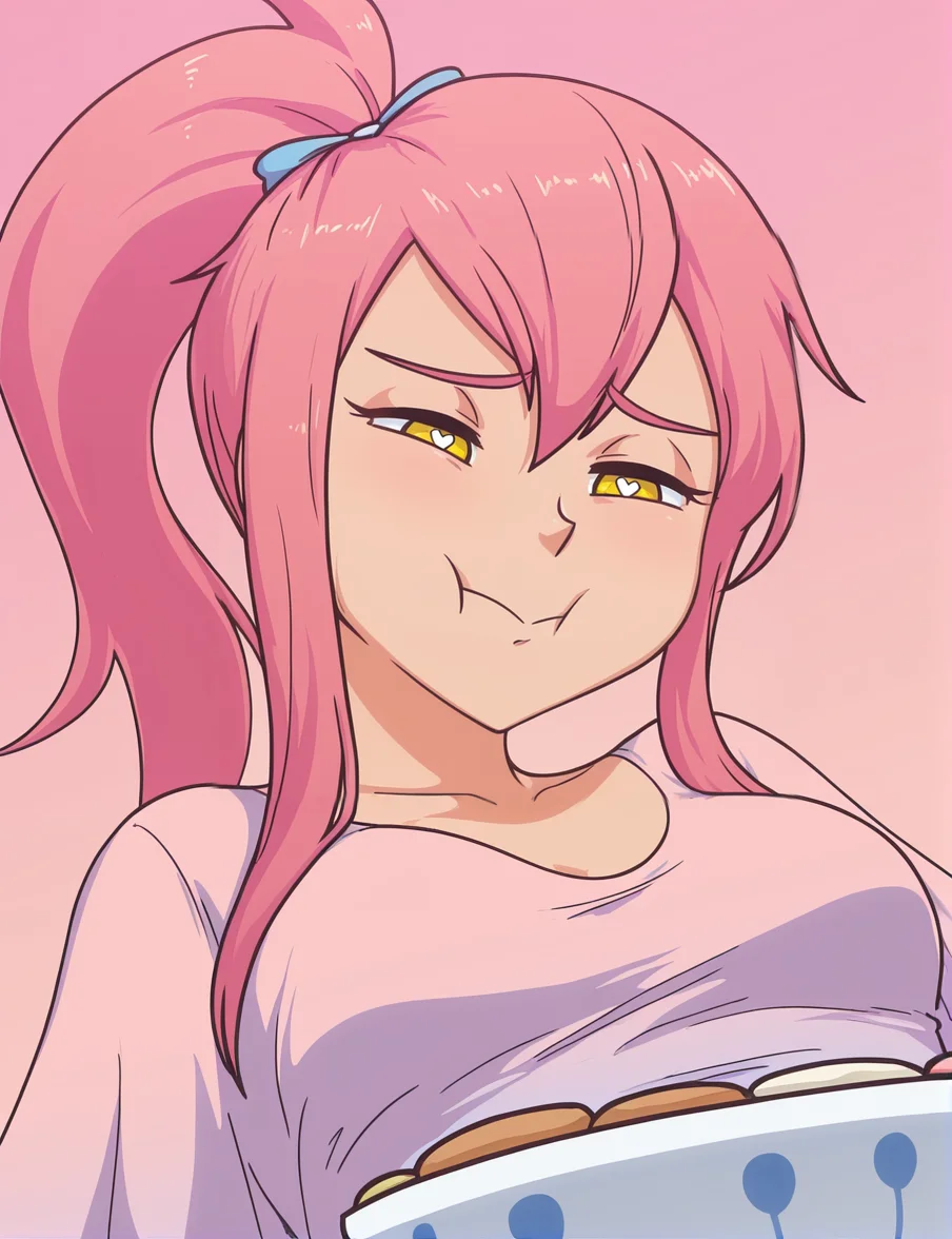 2d, official artstyle, masterpiece, detailed, best quality, BREAK, 1girl, solo, sunnyofspades, pink hair, ponytail, hair bow, yellow eyes, ((heart-shaped pupils)), crop top, breasts, dynamic angle, dynamic shot, arms down, hands on bowl, looking forward, ((portrait)), !, head tilt, chest tilt, pink background, gradient background, worried, mouth full, cheeks full, cheeks bulge, bowl with marshmallows, marshmallows in bowl, close-up, focus face, squinting eyes, <lora:sunnyofspades-000008:0.9>