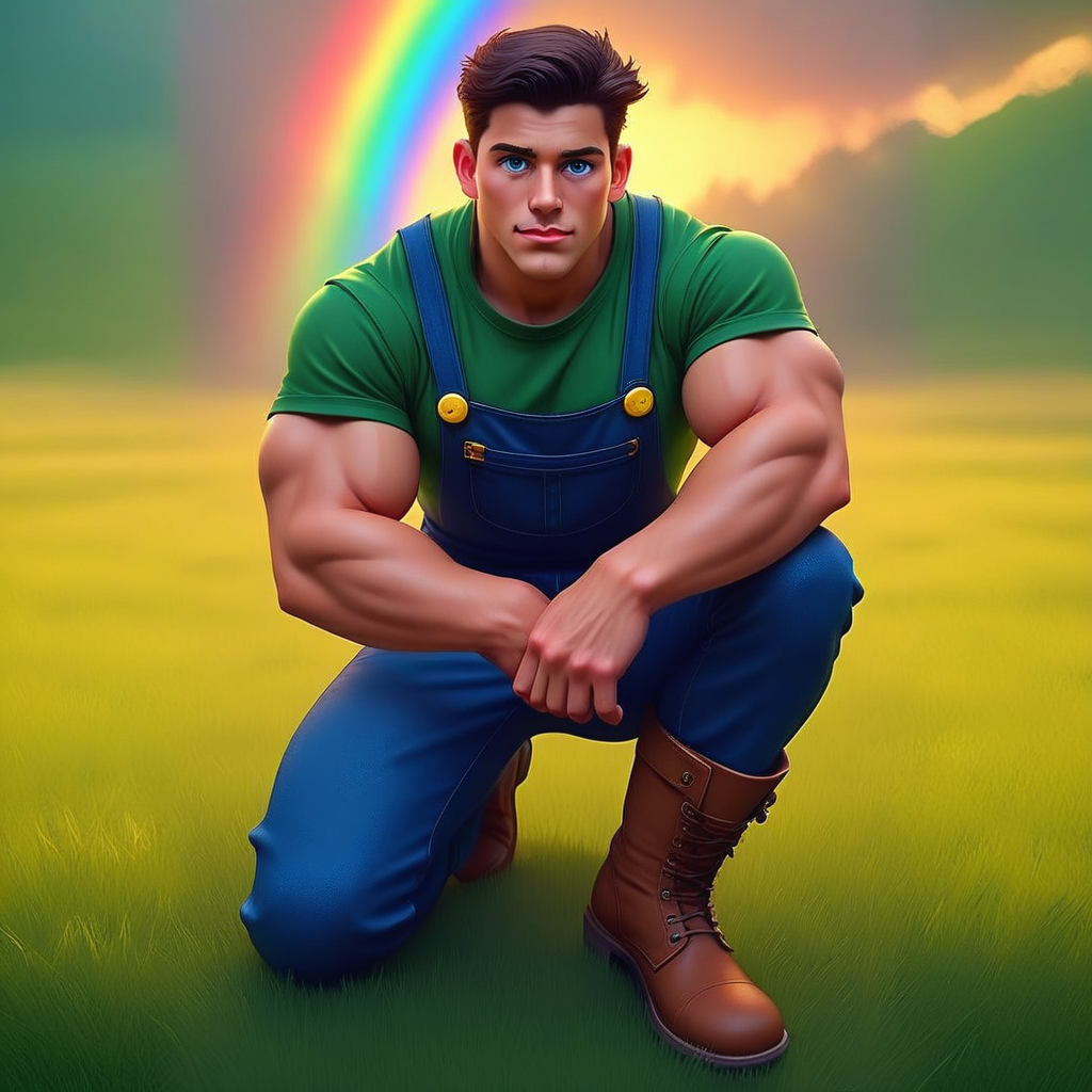 trbbubby, bubbyhero, tbrbubbyhero, "Illustration of a young muscular man kneeling on one knee, resting his forearm on his thigh while looking directly at the viewer. He wears a snug green t-shirt, blue overalls with yellow buttons, and brown boots. His muscular chest and arms are prominent, his powerful legs firmly positioned. His dark brown hair is styled casually, his blue eyes focused, and his strong jawline and big chin give him a heroic presence. The background consists of a bright meadow with a rainbow arching across the sky. His boots are slightly dusty from kneeling on the grass. The lighting is natural, casting soft shadows that enhance his muscular frame. His expression is calm and observant, creating a thoughtful yet confident aura. The perspective is slightly tilted, emphasizing his strong build while maintaining an engaging and dynamic composition."