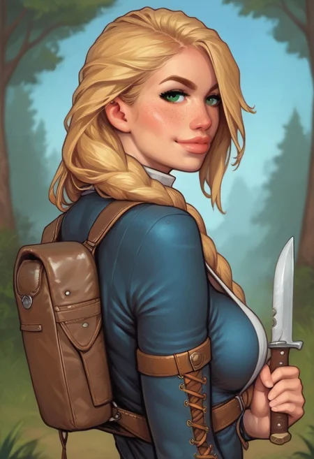 1girl, illustration, looking at viewer, highly detailed, skinny, looking at viewer, 1girl, masterpiece, best quality, ((((back view)))),
((<lora:Evie_Frye_pxl:1> source_photo, source_real, 1girl, solo, long hair, breasts, looking at viewer, blonde_hair, cleavage, closed mouth, green eyes, snub nose, adventuress clothes, backpack, lips, eyelashes, portrait, leather, freckles, realistic,, dynamic pose))
BREAK
slight smile, long hair, blonde hair, hair over one eye, big hair, green eyes,
BREAK
best quality, depth of field, bokeh, (hunting knife in hand:1.3), (((((full clothed)))))
BREAK
((((stones and rocks, forest and blue sky background)))), score_9, score_8_up, score_7_up, score_6_up, source_cartoon, rating_explicit, Expressiveh, ((((upper body))))), dynamic pose,