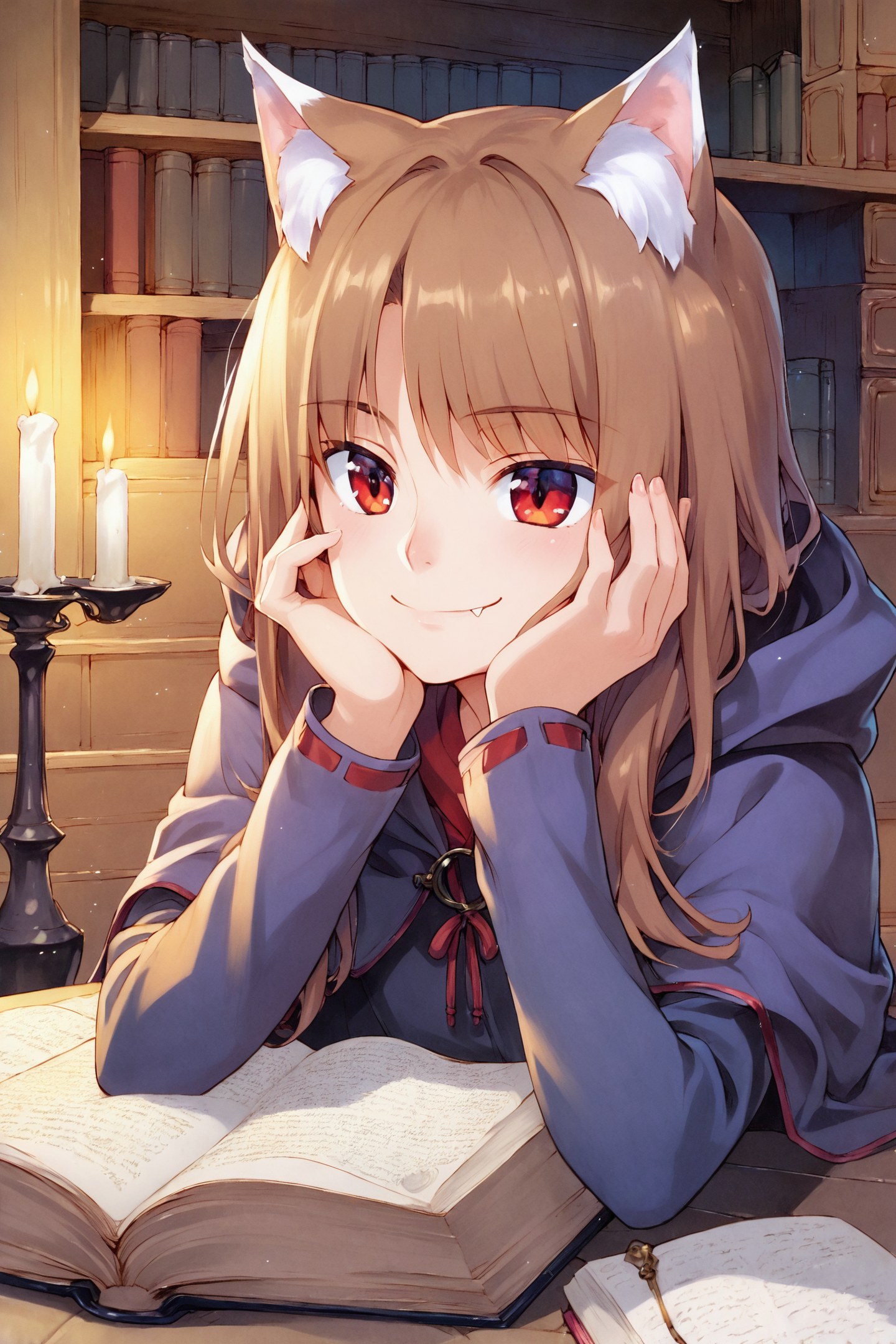 score_9,score_8_up,score_7_up,masterpiece,best quality,
holo,animal ears,long hair,brown hair,1girl,solo,shiny hair,book,smile,wolf ears,shiny,closed mouth,red eyes,fang,hood,cloak,open book,indoors,head rest,shirt,fang out,long sleeves,straight hair,hood down,hand on own face,hand on own cheek,bangs,animal ear fluff,candle,traditional media,
<lora:Koume Keito_XL_PONY:0.9>,