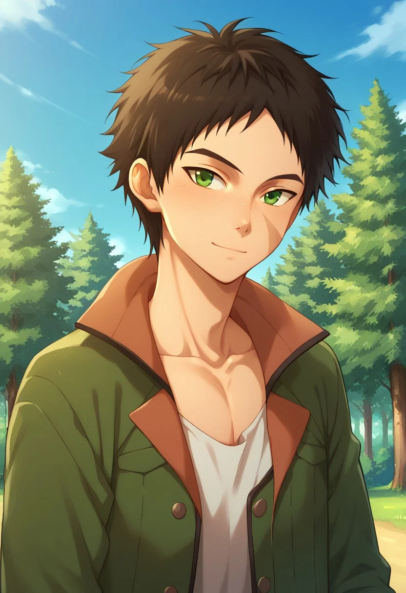 score_9, score_8_up, score_7_up, source_anime, highly detailed,
aston, 1boy, male focus, solo, black hair, scar, green eyes, upper body, jacket, green jacket, standing, pants, slender, light smile, shy,
outdoor, sky, trees