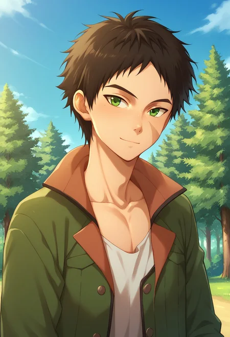 score_9, score_8_up, score_7_up, source_anime, highly detailed, 
aston, 1boy, male focus, solo, black hair, scar, green eyes, upper body, jacket, green jacket, standing, pants, slender, light smile, shy,
outdoor, sky, trees