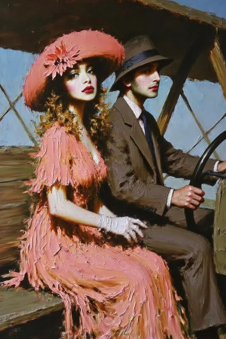 talo1 painting.
A romantic scene of a couple on a vintage biplane. The woman, in the foreground, is a stylish woman with curly blonde hair adorned with a flower garland and wearing a light, flowing, peach-colored dress with a wide belt, a matching hat, and gloves. The man is piloting the biplane with his hands firmly on the steering wheel. <lora:talo1_cap_d6a3e15:1.0><lora:828773614322047522:0>