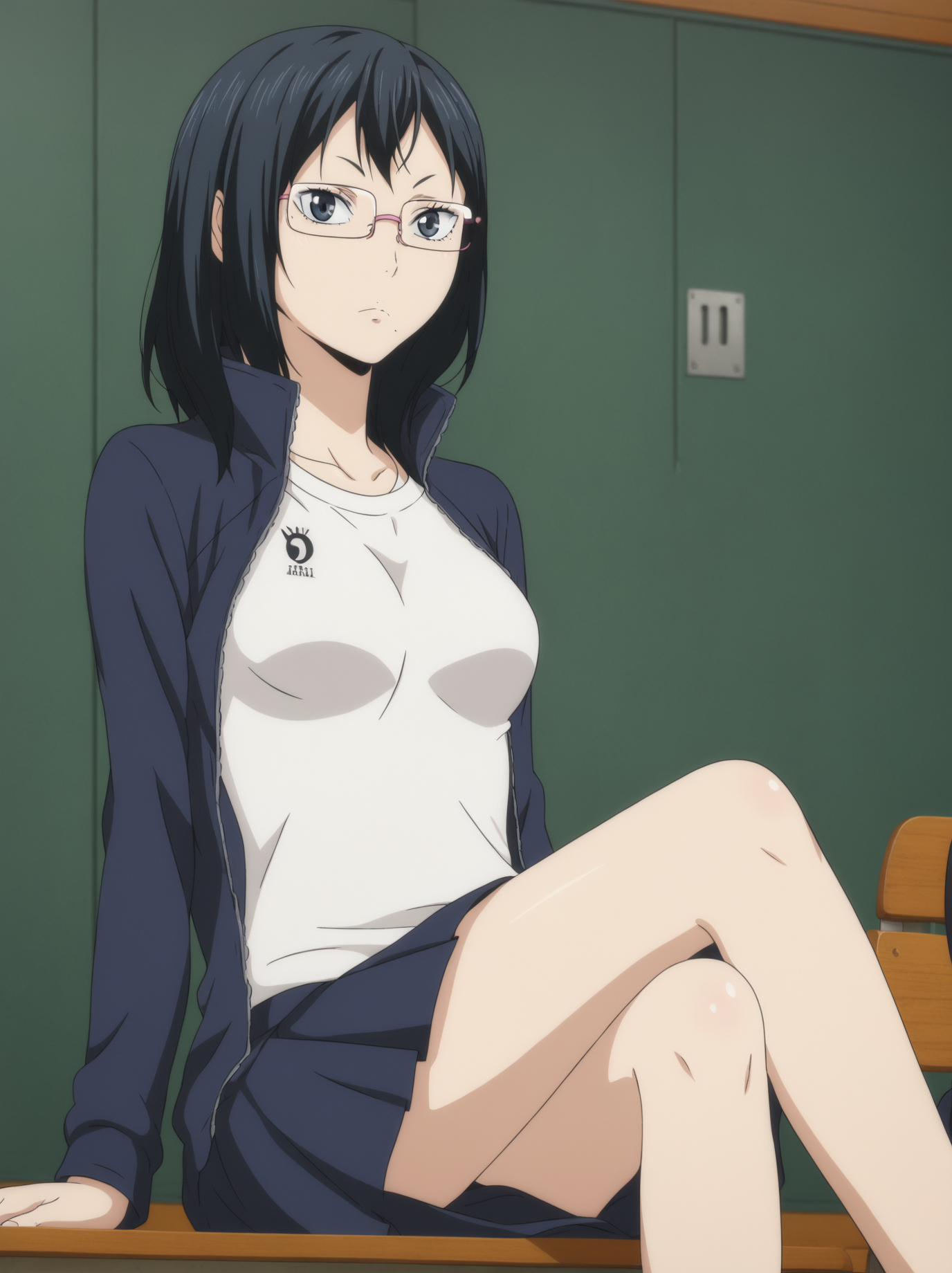 <lora:KiyokoShimizuPony:1>, kiyokoshimizu, 1girl, sitting, crossed legs, medium breasts
