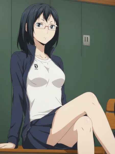 <lora:KiyokoShimizuPony:1>, kiyokoshimizu, 1girl, sitting, crossed legs, medium breasts