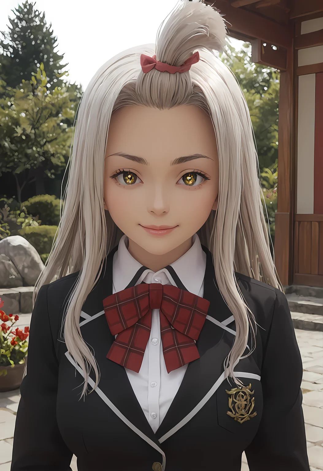 score_9, score_8_up, score_7_up,looking at viewer, shiny skin, upper body, light smile, petite,ohwx, long_hair, grey_hair, yellow_eyes, white_hair, brown_eyes, bangs_pinned_back, topknot, breasts, very_long_hair, large_breasts, symbol-shaped_pupils,school_uniform, bow, jacket, blazer, bowtie, shirt, plaid, skirt, socks, red_bow, bangs_pinned_back, topknot, plaid_skirt, long_sleeves, red_skirt, red_bowtie, black_socks, pleated_skirt, kneehighs, black_jacket, collared_shirt, shoes, loafers, official_style, white_shirt, plaid_bow, ribbon, miniskirt, Traditional Japanese garden at dusk, stone lanterns glowing softly, peaceful and calm ambiance,<lora:yui_kurata_pony_sobsynapse-000001:1>