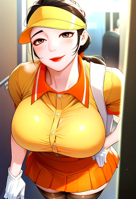 score_9, score_8_up, score_7_up, score_6_up, source_anime, rating_explicit, <lora:neg4all_bdsqlsz_V3.5:2.0>1girl, (solo:1.1), huge breasts, <lora:So Heeponyxl:1> long hair, brown hair, brown eyes, black hair, mature female, low ponytail, visor cap, orange shirt, collared shirt, short sleeves, white gloves, orange skirt, black thighhighs, smile, Narrow shoulders, heavy breathing, steaming body, apartment, hallway, outdoors, looking at viewer
